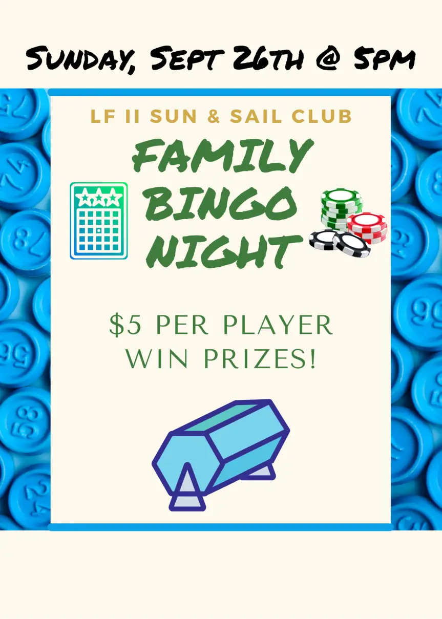 Family Bingo Night event flyer – LF II Sun & Sail Club, Sunday Sept 26th at 5pm, $5 per player, win prizes