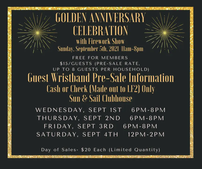 Golden Anniversary Celebration flyer showing wristband pre-sale information