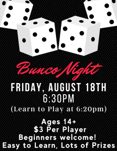 Flyer for BUNCO in the Ballroom Tonight!