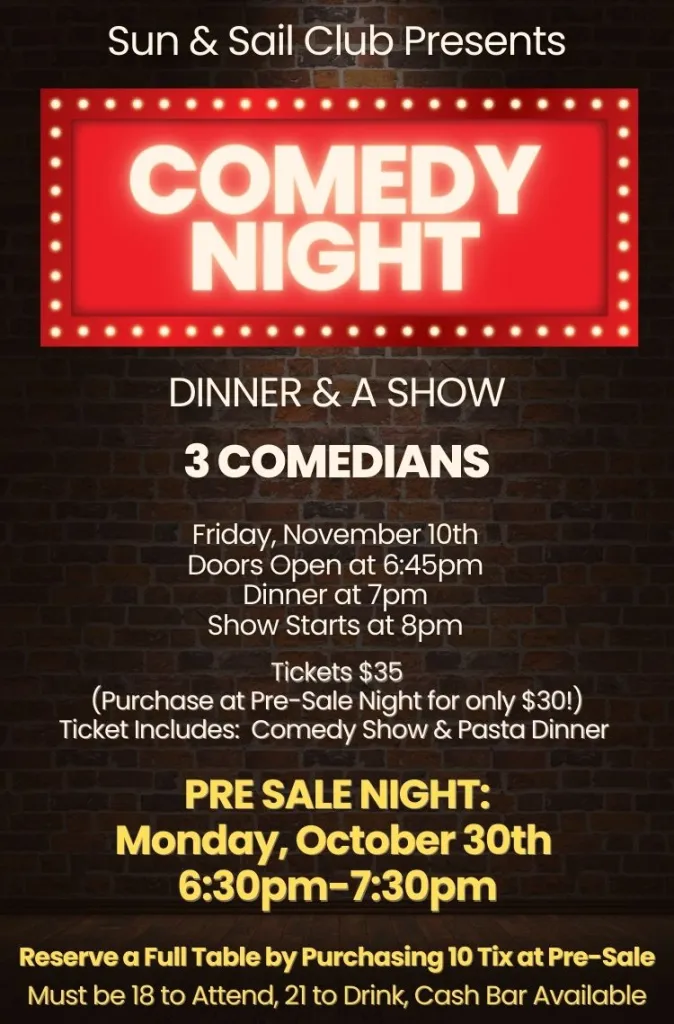 Flyer for Pre-Sale Night for Comedy Show is Monday, Oct 30th at 6:30pm
