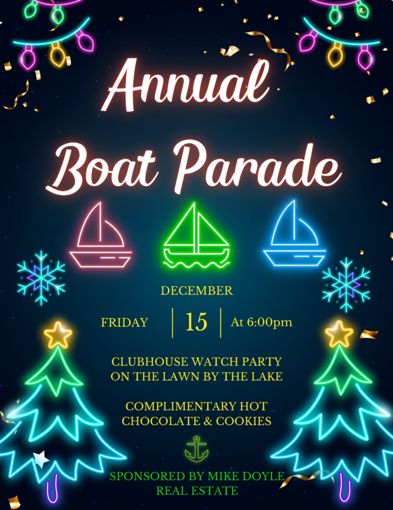 Annual Boat Parade flyer — Friday December 15 at 6:00pm, Clubhouse Watch Party on the Lawn by the Lake, Complimentary Hot Chocolate and Cookies, Sponsored by Mike Doyle Real Estate