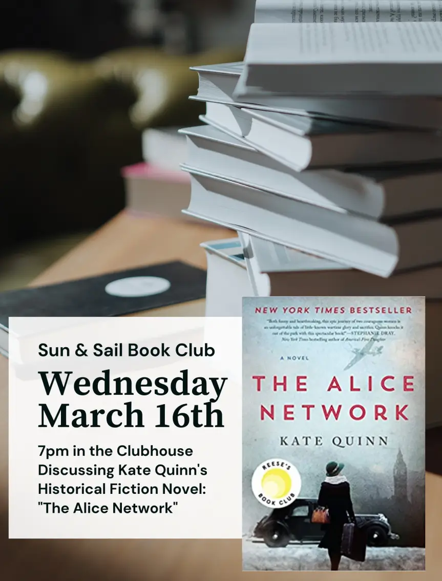 Sun and Sail Book Club event announcement featuring The Alice Network by Kate Quinn