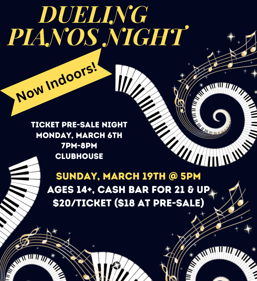 Dueling Pianos Night event flyer — Now Indoors! Sunday March 19th at 5pm, tickets $20 ($18 at pre-sale)